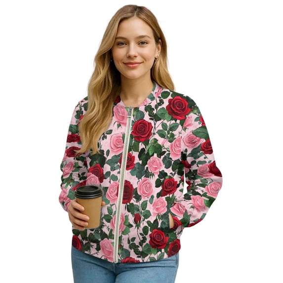 COEQINE Bomber Jacket for Women 2025 Lightweight Trendy Motorcycle Jackets Zip-Up Cropped Coats with Pockets, Varsity Shacket Coats Fall Winter Clothes, Medium, Rose Leaf Floral