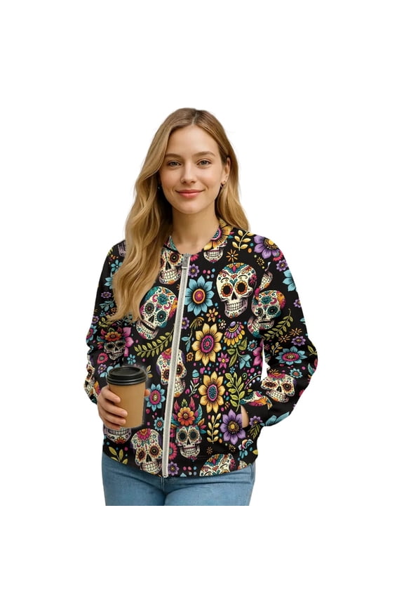 Bomber Jacket Women 2025 Zip Up Short Jackets Lightweight Fashion Varsity Shacket Coats Stand Collar Windbreaker Streetwear Fall Outfits Day of the Dead Design, XX-Large, Boho Sugar Skull