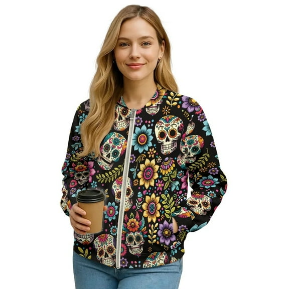 COEQINE Bomber Jacket Women 2025 Zip Up Short Jackets Lightweight Fashion Varsity Shacket Coats Stand Collar Windbreaker Streetwear Fall Outfits Day of the Dead Design, XX-Large, Boho Sugar Skull