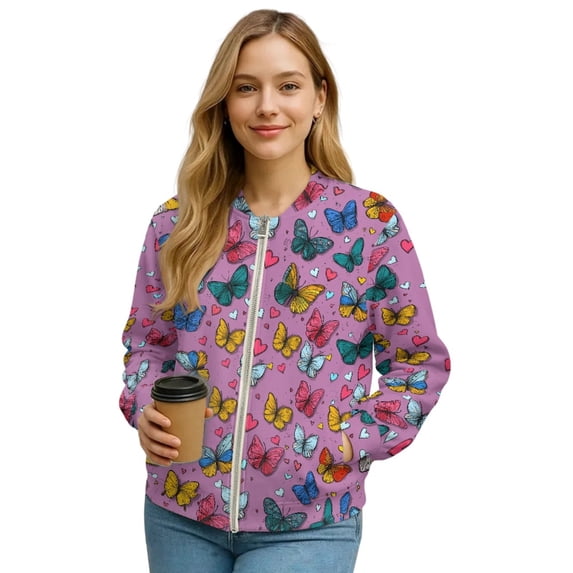 COEQINE Bomber Jacket Women 2025 Zip Up Stand Collar Bomber Outfits Winter Trendy Varsity Jackets Shackets with Pockets, Cropped Casual Winter Coat, 4X-Large, Butterfly Heart Purple