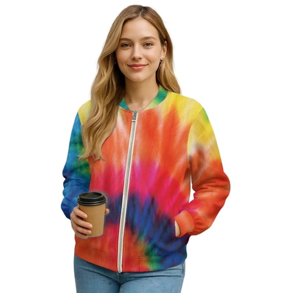 COEQINE Bomber Jacket Women 2025 Zip Up Stand Collar Bomber Outfits Winter Trendy Varsity Jackets Shackets with Pockets, Cropped Casual Winter Coat, 4X-Large, Colorful Rainbow Tie-dye