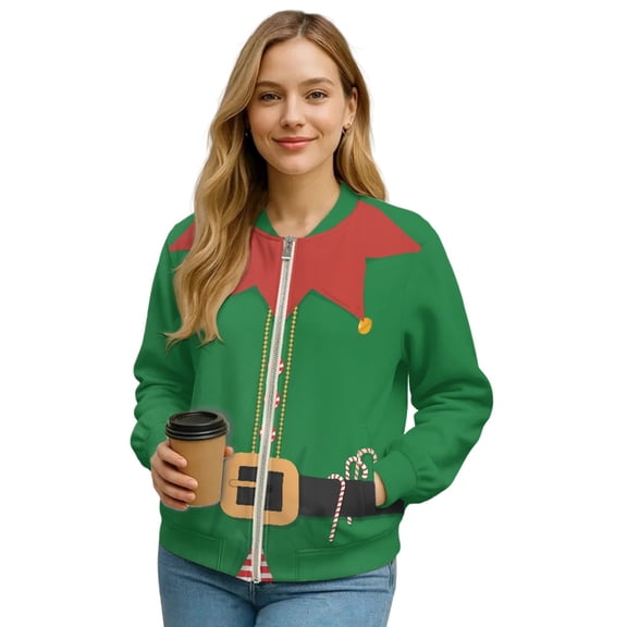 COEQINE Bomber Jacket Women 2025 Zip Up Stand Collar Bomber Outfits Winter Trendy Varsity Jackets Shackets with Pockets, Cropped Casual Winter Coat, Large, Christmas Elf Costume