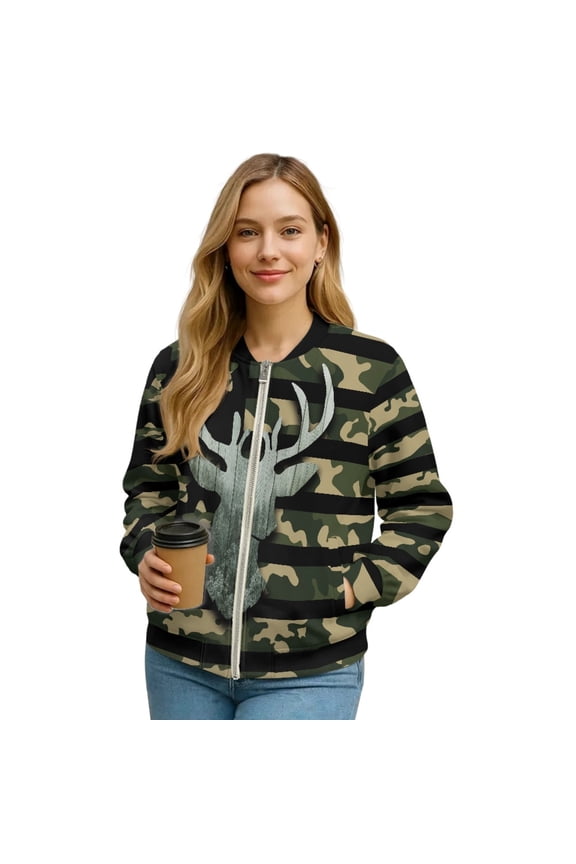 Bomber Jacket Women 2025 Zip Up Stand Collar Bomber Outfits Winter Trendy Varsity Jackets Shackets with Pockets, Cropped Casual Winter Coat, XX-Large, Deer Camo American Flag