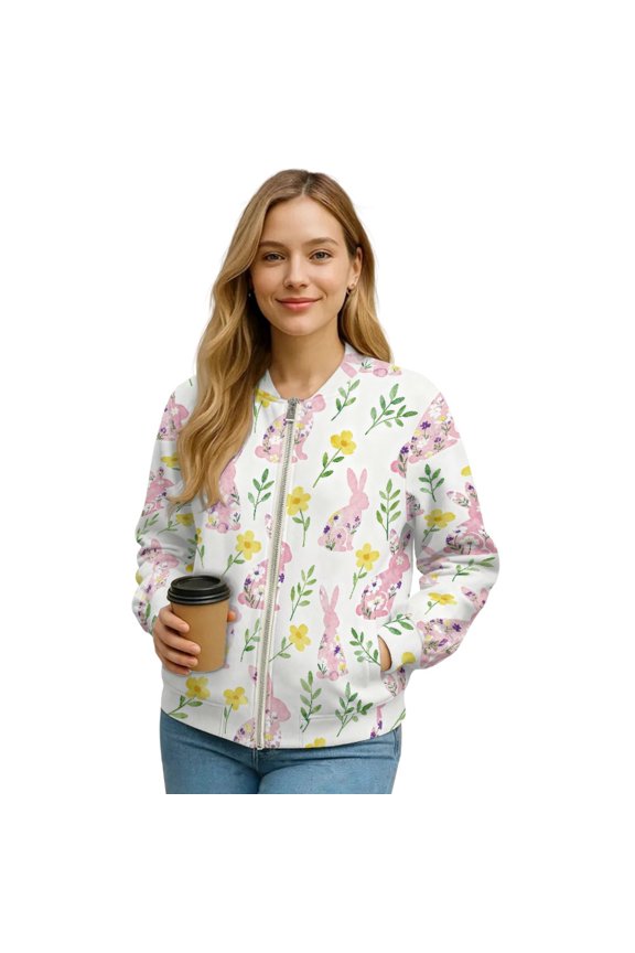 Bomber Jacket Women 2025 Zip Up Y2k Short Jackets Lightweight Fashion Varsity Shacket Coats Stand Collar Windbreaker Streetwear Fall Outfits, Large, Rabbit Flower Leaf