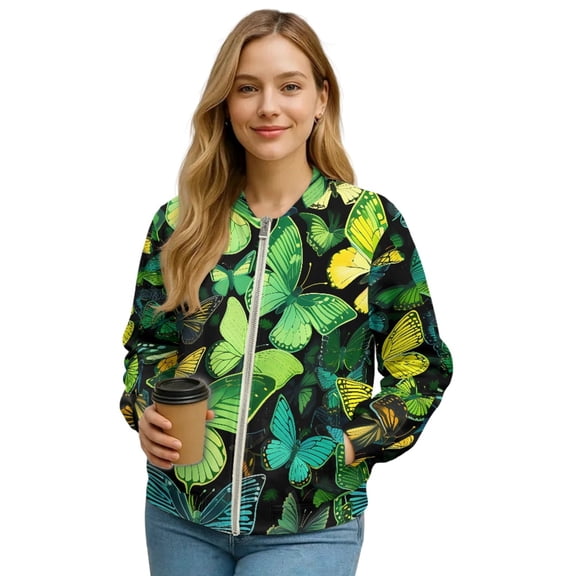 COEQINE Bomber Jacket Women 2025 Zip Up Y2k Short Jackets Lightweight Fashion Varsity Shacket Coats Stand Collar Windbreaker Streetwear Fall Outfits, Medium, Green Butterfly