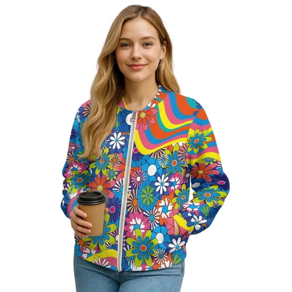 COEQINE Bomber Jacket Women 2025 Zip Up Y2k Short Jackets Lightweight Fashion Varsity Shacket Coats Stand Collar Windbreaker Streetwear Fall Outfits, XX-Large, Retro Rainbow Hippie Flower