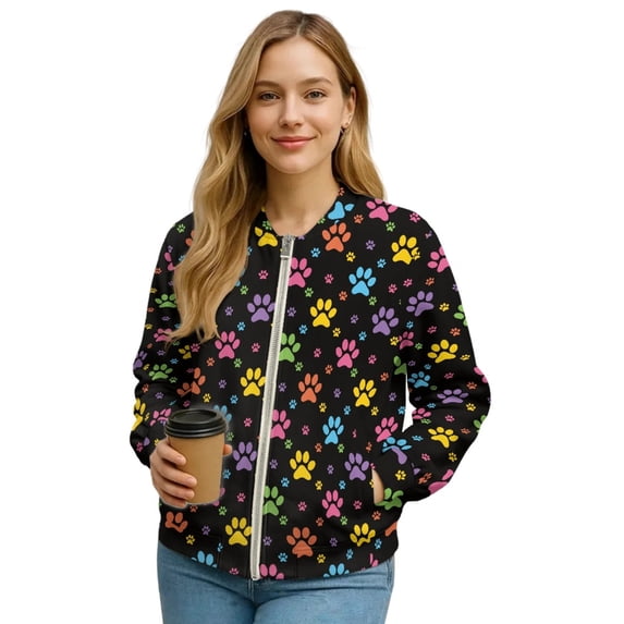 COEQINE Bomber Jacket for Women Zip Up Long Sleeve Bomber Outfits Casual Coat with Front Pocket, Cropped Varsity Jackets Shackets Y2k Outerwear Tops, Small, Colorful Paw Print