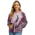 thumbnail image 1 of COEQINE Bomber Jacket for Women Zip Up Long Sleeve Bomber Outfits Casual Coat with Front Pocket, Cropped Varsity Jackets Shackets Y2k Outerwear Tops, X-Large, Peacock Floral Pink, 1 of 7