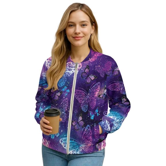 COEQINE Bomber Jacket for Women Zip Up Long Sleeve Bomber Outfits Casual Coat with Front Pocket, Cropped Varsity Jackets Shackets Y2k Tops Outerwear, Medium, Butterfly Galaxy Purple