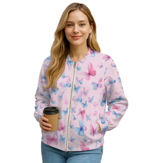 COEQINE Bomber Jacket for Women Zip Up Stand Collar Bomber Outfits Fall Fashion Jackets Trendy Slouchy Windbreaker Casual Shackets Streetwear 2025, 3X-Large, Pink Blue Butterfly