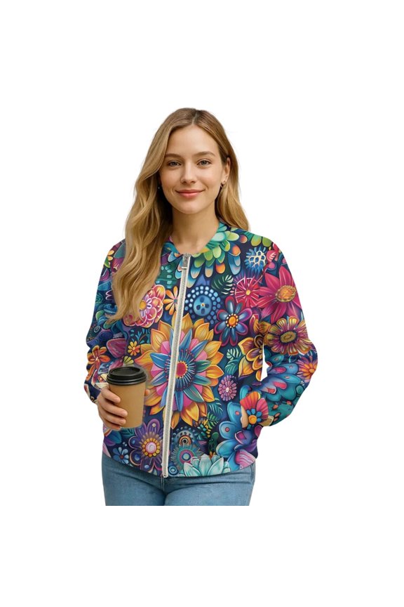 Bomber Jacket for Women Zip Up Stand Collar Bomber Outfits Fall Fashion Jackets Trendy Slouchy Windbreaker Casual Shackets Streetwear 2025, Medium, Bohemian Flower