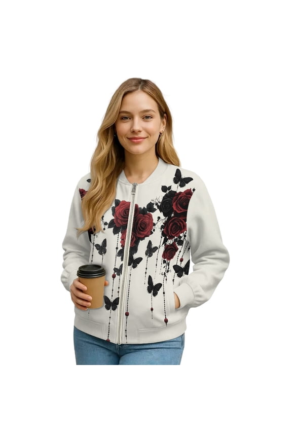 Bomber Jacket for Women Zip Up Stand Collar Bomber Outfits Fall Fashion Jackets Trendy Slouchy Windbreaker Casual Shackets Streetwear 2025, XX-Large, Gothic Rose Black Butterfly