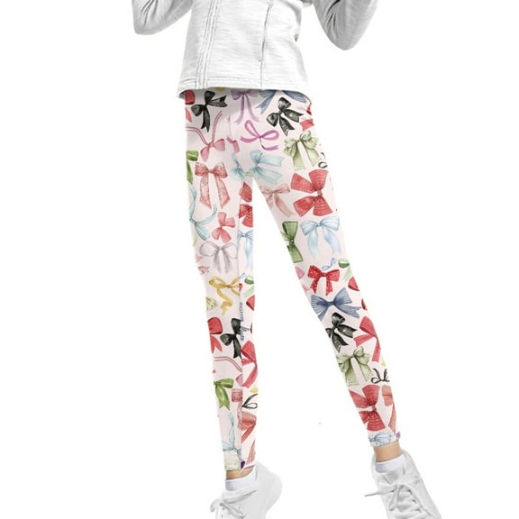 COEQINE Bow Print Pink Girls Yoga Pants for Dance Running Breathable Soft High Waist Athletic Leggings, for 4-5 Years Kids Girls