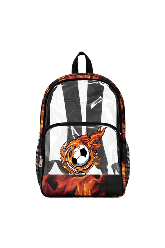 Boys Clear Backpack for School Multi-Pocket Bookbag PVC Polyester See Through Book Bag with Padded Shoulder Straps, Heavy Duty Work Bag Transparent Daypack, Football Soccer Fire Flame
