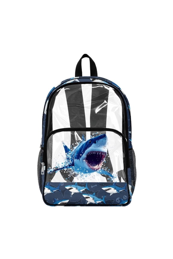 Boys Clear School Backpack Multi-Pocket Transparent Bookbag for School, 17 Inch Extra Large Daypack See Through Bag with Front Pocket for College Work Travel, 3D Shark Blue