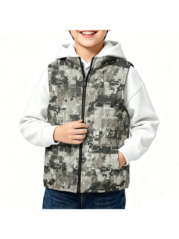 Boys Lightweight Sleeveless Puffer Vest Grey Digital Camo Quilted Sleeveless Jacket, Toddlers Outerwear Vest, Stand Collar, Side Pockets, for Back to School, Size 2T