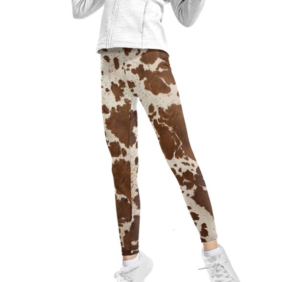COEQINE Brown Beige Cow Print Girls' Yoga Leggings Pants Full Length Athletic Trousers High Waist Tummy Control, for 4-5 Years Kids Girls