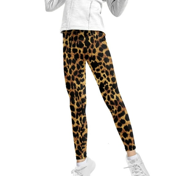 COEQINE Brown Cheetah Print Girls Sport Leggings Casual Buttery Soft Athletic Pants Stretchy High Waist Pants, for 4-5 Years Kids Girls