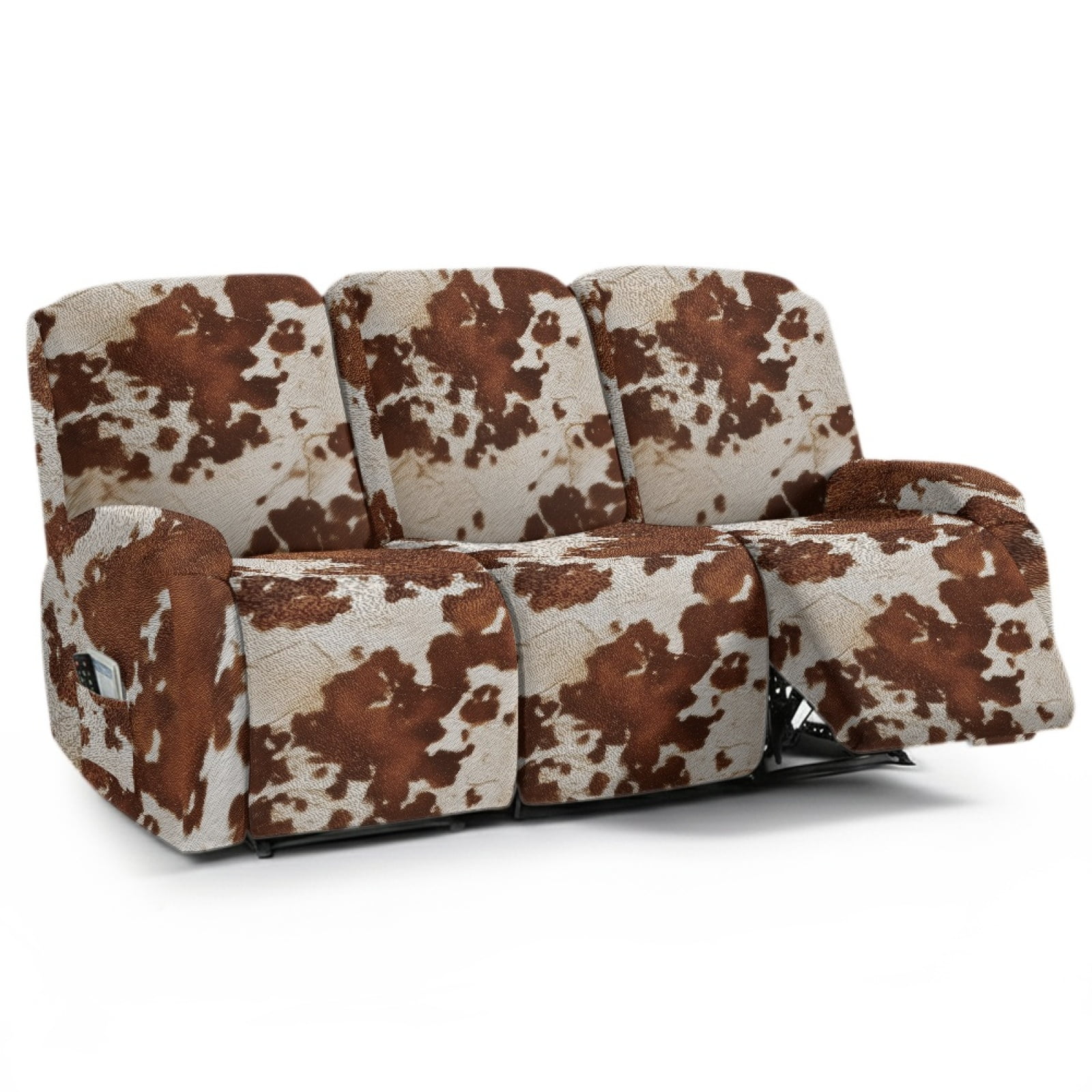 COEQINE Brown Cow Print Recliner Sofa Cover Polyester 3 Seater Reclining Chair Protector 8 Pieces Stretch Recliner Chair Cover Dog Couch Slipcover for Living Room Home Decor