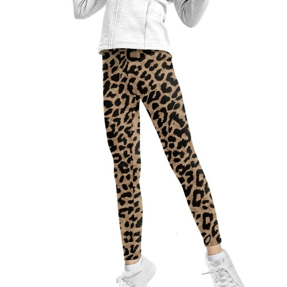 COEQINE Brown Leopard Print Girls Yoga Leggings Pants Full Length Athletic Trousers High Waist Tummy Control, for 10-11 Years Kids