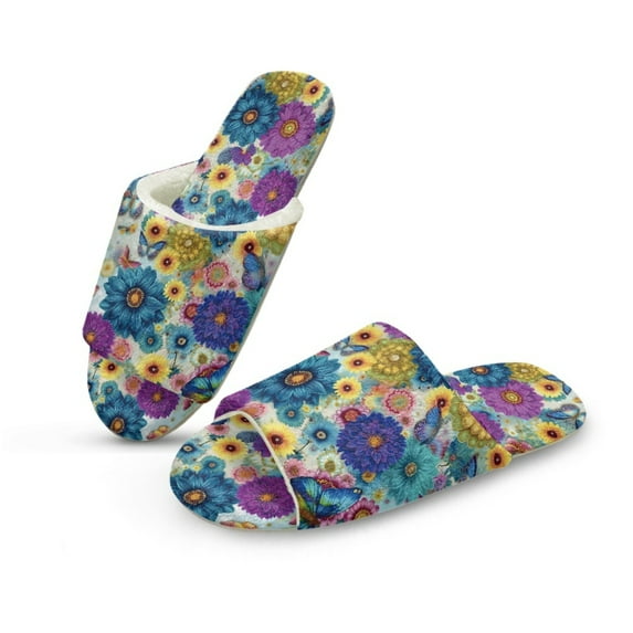 COEQINE Butterfly Boho Floral Blue Yellow Womens Open Toe Slippers Trendy Slip On House Slides Soft Fuzzy Slippers Portable Indoor Shoes Slip On Home Sandals Footwear for Guest Ladies Mom, 46-47