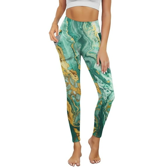 COEQINE Buttery Soft Yoga Leggings for Women with Pockets Tummy Control Breathable High Waisted Gym Pants 4-Way Stretch Hip Lift Tights, Light Green Gold Marble, 3XL