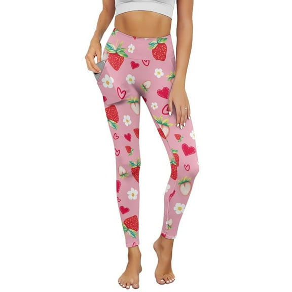 COEQINE Buttery Soft Yoga Pants for Women with Pockets Tummy Control Breathable High Waisted Running Workout Leggings Stretchy Hip Lift Tights, Strawberry Heart Flower Pink, 3XL