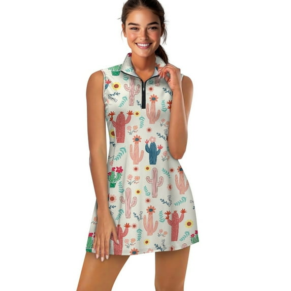 COEQINE Cactus and Floral Print Women's Golf Dress with Built in Shorts and Pockets Sleeveless Lightweight Athletic Dresses Breathable Elastic Tennis Outfits, XS