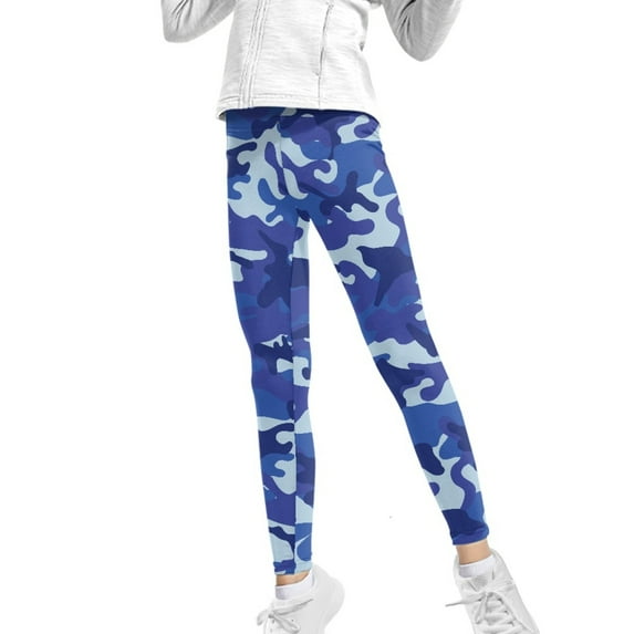 COEQINE Camo Blue Girl's Yoga Legging Breathable Athletic Sport Legging High Waist Pants for School Gym, for 4-5 Years Kids Girls