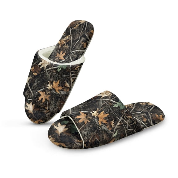 COEQINE Camo Hunting Maple Leaf Winter Slippers for Women, Fall Fuzzy Slippers Comfortable Open Toe Home Shoes Lightweight Warm Indoor House Slides for Trip Hotel Bedroom, 36-37