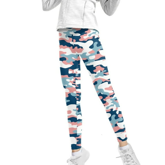 COEQINE Camo Pink Blue White Girls Yoga Legging High Waist Sport Pants Buttery Soft Stretch Running Leggings, for 10-11 Years Kids Girls