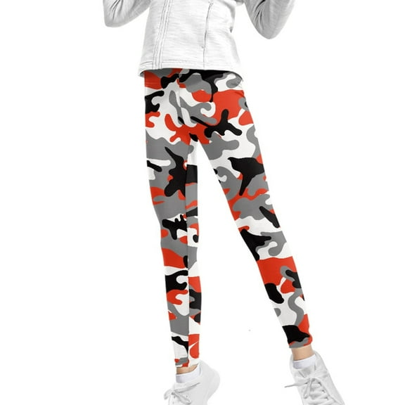COEQINE Camo Red Grey Black Girls Yoga Leggings Pants Full Length Athletic Trousers High Waist Tummy Control, for 4-5 Years Kids Girls