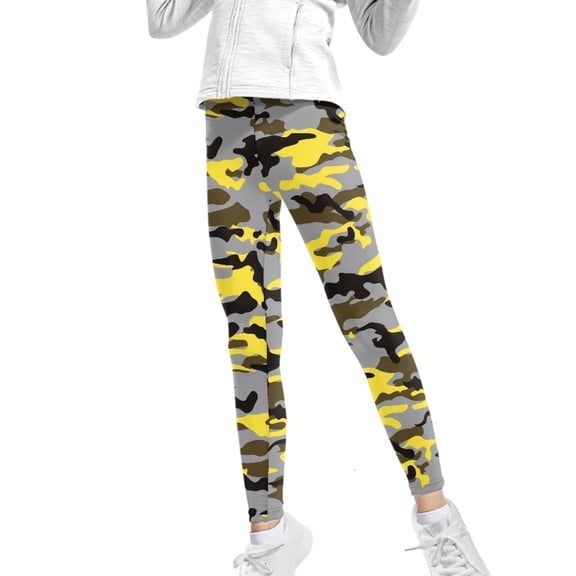 COEQINE Camo Yellow Grey Black Girls Sport Leggings Buttery Soft Yoga Legging High Waist Pants for Jogging Gym, for 12-13 Years Kids Girls