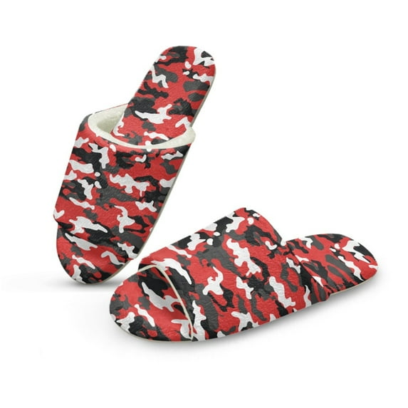 COEQINE Camouflage Red Womens Warm Slippers Portable Indoor Sandals Red Camo Flannel House Slides Open Toe Bedroom Slippers Machine Washable Women Footwear for Hotel Business Trip, 36-37