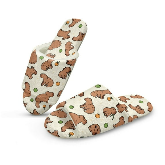 COEQINE Capybara Beige Slippers for Women Fall Winter Fluffy Slippers Comfortable Open Toe House Shoes Lightweight Warm Indoor Home Slides for Travel Hotel Bedroom, 40-41