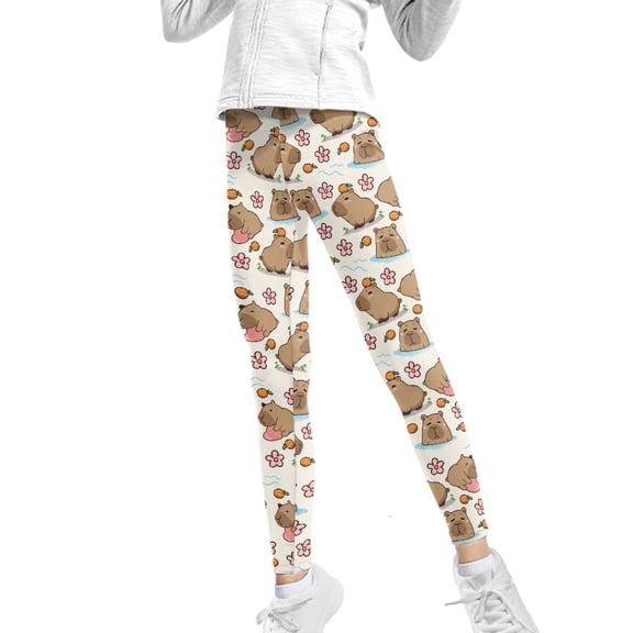 COEQINE Capybara Flower Orange Girls Sport Legging Casual Buttery Soft Athletic Yoga Pants Stretchy High Waist Pants, for 10-11 Years Kids