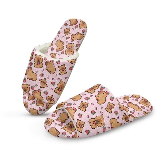COEQINE Capybara Strawberry Pink Slip On Slippers for Women Indoor, Winter Slippers Foldable Spa Slides Flannel House Shoes Open Toe Bedroom Shoes Machine Washable for Business Trip, 42-43