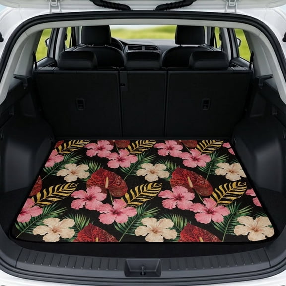 COEQINE Car Cargo Liner for Dogs, All Weather Trunk Mat Washable Rear Cargo Mat Pet Cargo Protector for Travel Enthusiasts, 29 x 39 Inches, Tropical Hibiscus Palm Monstera Black