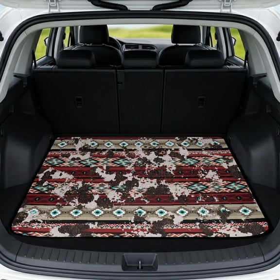 COEQINE Car Cargo Mat for Dogs, All Season Trunk Protector Mat Stylish Rear Seat Cover Protector Vehicle Interior Accessories Universal Size, Vintage Aztec Cow Print Red