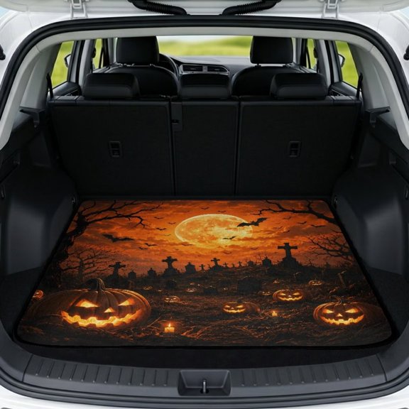 COEQINE Car Cargo Mat Heavy Duty Rear Boot Liner Machine Washable Dog Cargo Protector Universal Size Protective Mat Halloween Decor for SUV Sedan Truck, Pumpkin Graveyard Night