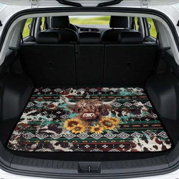 COEQINE Car Cargo Mat Heavy Duty Rear Trunk Liner Machine Washable Dog Cargo Protector Universal Size Protective Mat for SUV, Sedan, Truck, Aztec Highland Cow Sunflower