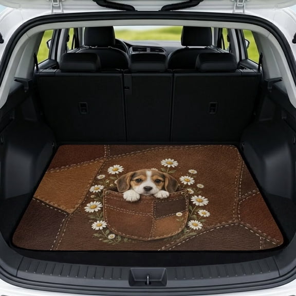 COEQINE Car Cargo Mat Heavy Duty Rear Trunk Liner Machine Washable Dog Cargo Protector Universal Size Protective Mat for SUV, Sedan, Truck, Beagle Dog Daisy Pocket