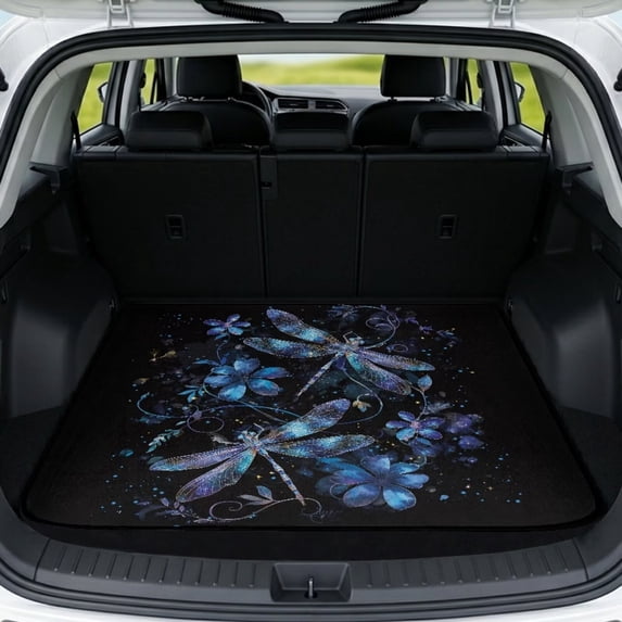 COEQINE Car Cargo Mat Heavy Duty Rear Trunk Liner Machine Washable Dog Cargo Protector Universal Size Protective Mat for SUV, Sedan, Truck, Blue Dragonfly Flower