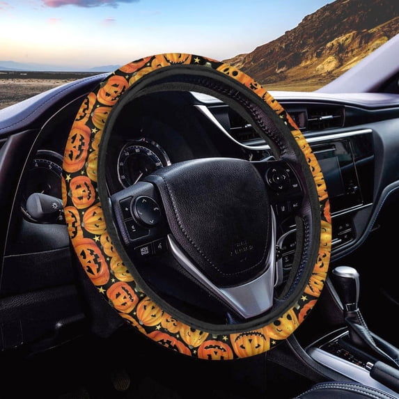 COEQINE Car Steering Wheel Cover Universal 15 Inch Non-Slip Comfortable Stretch Decorative Halloween Auto Steering Wheel Protector Automobile Accessories, Pumpkin Star