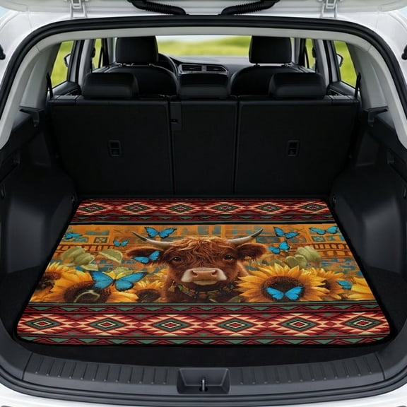 COEQINE Car Trunk Liner for Dogs All Season Rear Cargo Mat Car Boot Cover Heavy Duty Washable Pet Cargo Protector Fit for Sedans, SUVs & Trucks, Aztec Highland Cow Sunflower Butterfly