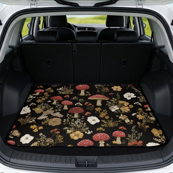 COEQINE Car Trunk Mat for Dogs All Season Rear Cargo Liner for Sedan SUV, Non-Slip Car Boot Liner Protector Universal Fit Most Car Models, Mushroom Floral Black