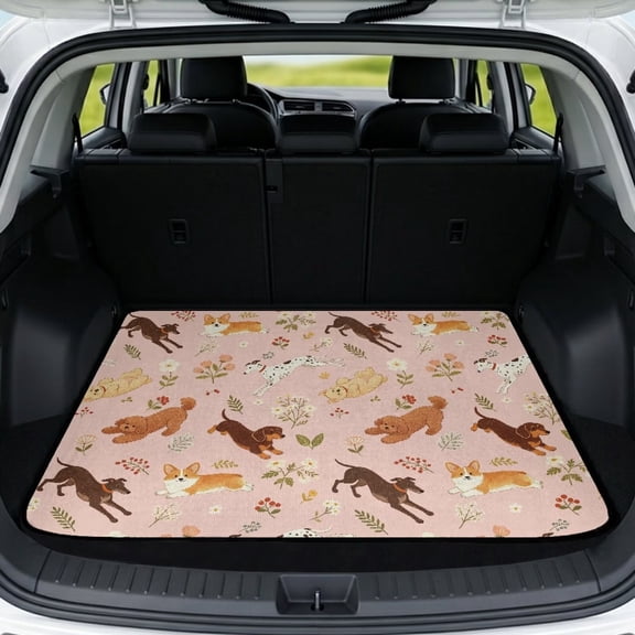 COEQINE Car Trunk Mat Universal Size All Season Rear Cargo Mat Heavy Duty Durable Pet Cargo Protector Fits Most Cars, SUVs & Trucks, 29" x 39", Adorable Dogs Floral Pink
