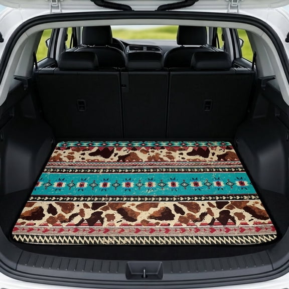 COEQINE Car Trunk Mat Universal Size All Season Rear Cargo Mat Heavy Duty Durable Pet Cargo Protector Fits Most Cars, SUVs & Trucks, 29" x 39", Vintage Blue Aztec Cow Print