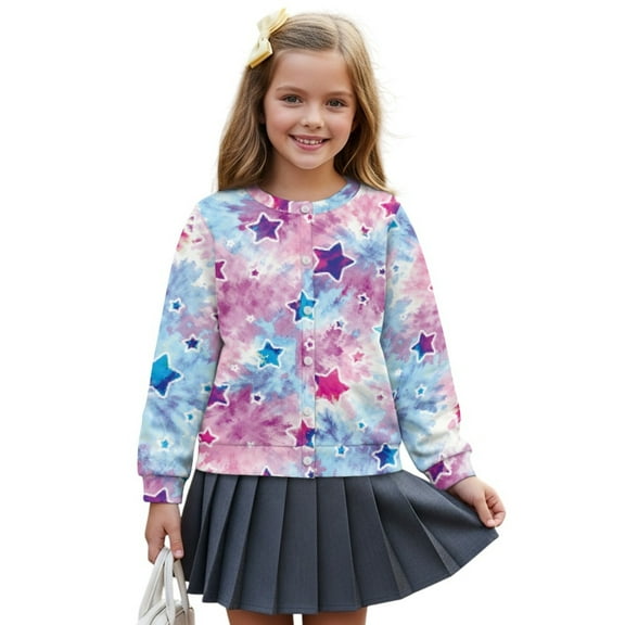 COEQINE Cardigan for Girls, Cute Print Lightweight Button Up Fall Outerwear with Long Sleeves, Soft Polyester Crewneck Top for School and Play, Ages 9-10, Star Tie-dye Purple