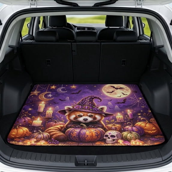 COEQINE Cargo Mat for SUV, All Weather Washable Car Boot Protection Stylish Dog Seat Cover Auto Interior Accessories for Halloween Decor, 29" x 39", Red Panda Witch Bat Purple